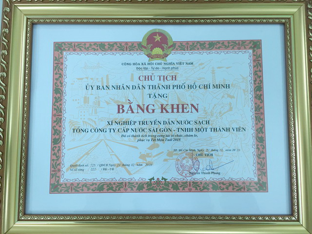 TỔNG CÔNG TY CẤP NƯỚC SÀI GÒN - TNHH MTV VÀ MỘT SỐ ĐƠN VỊ TRỰC THUỘC NHẬN BẰNG KHEN ỦY BAN VÌ THÀNH TÍCH TRONG CÔNG TÁC TỔ CHỨC, CHĂM LO TẾT MẬU TUẤT 2018 